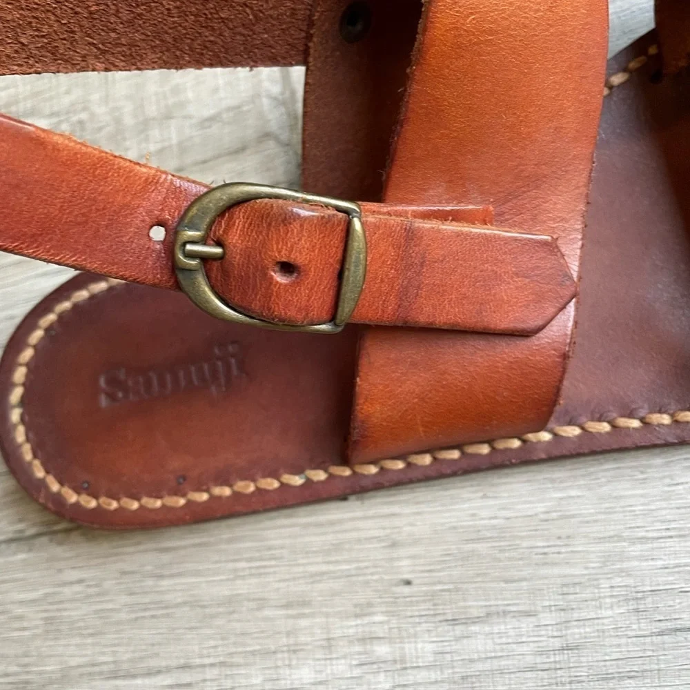 Samuji Leather 2 Strap Sandal W/Heel Strap Adjustable Buckle Closure Brown SZ 6